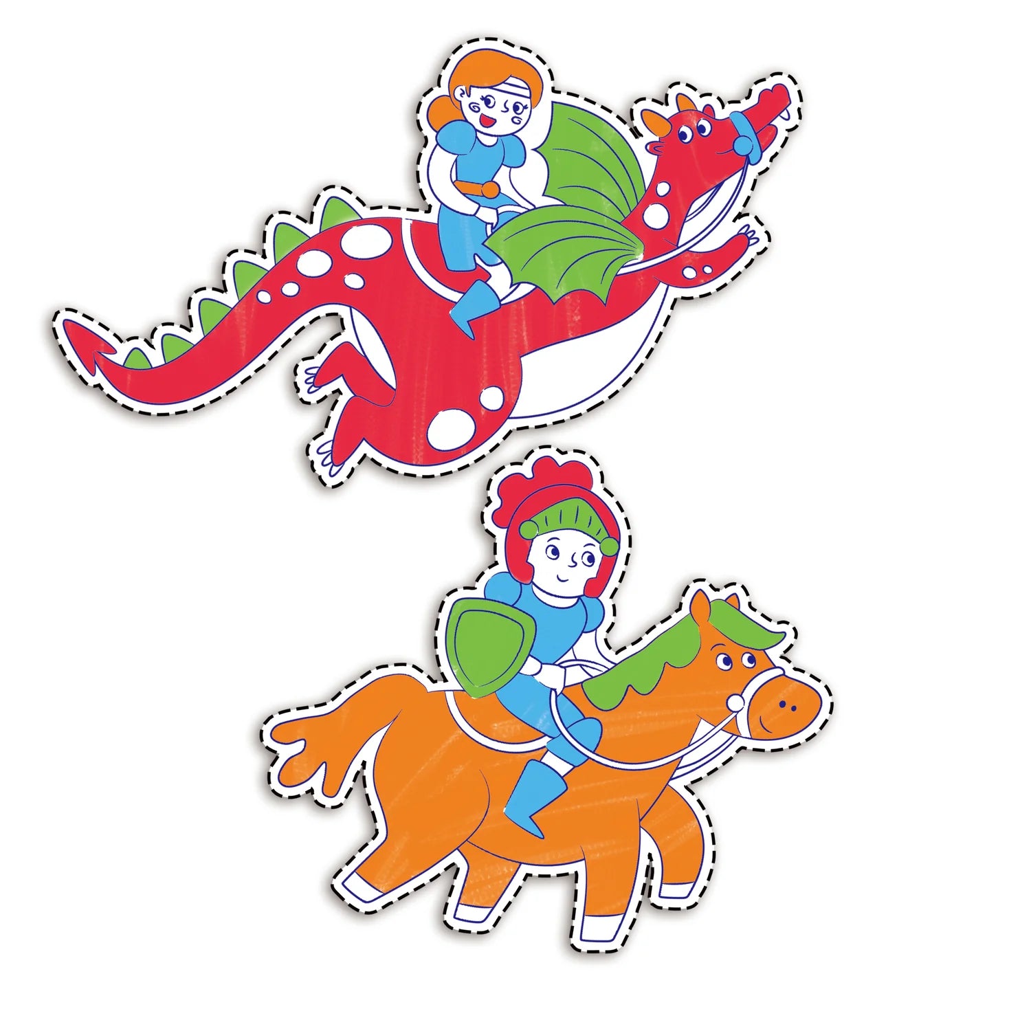 Two colorful cut-out figures of a boy riding a dragon and a horse on a white background.