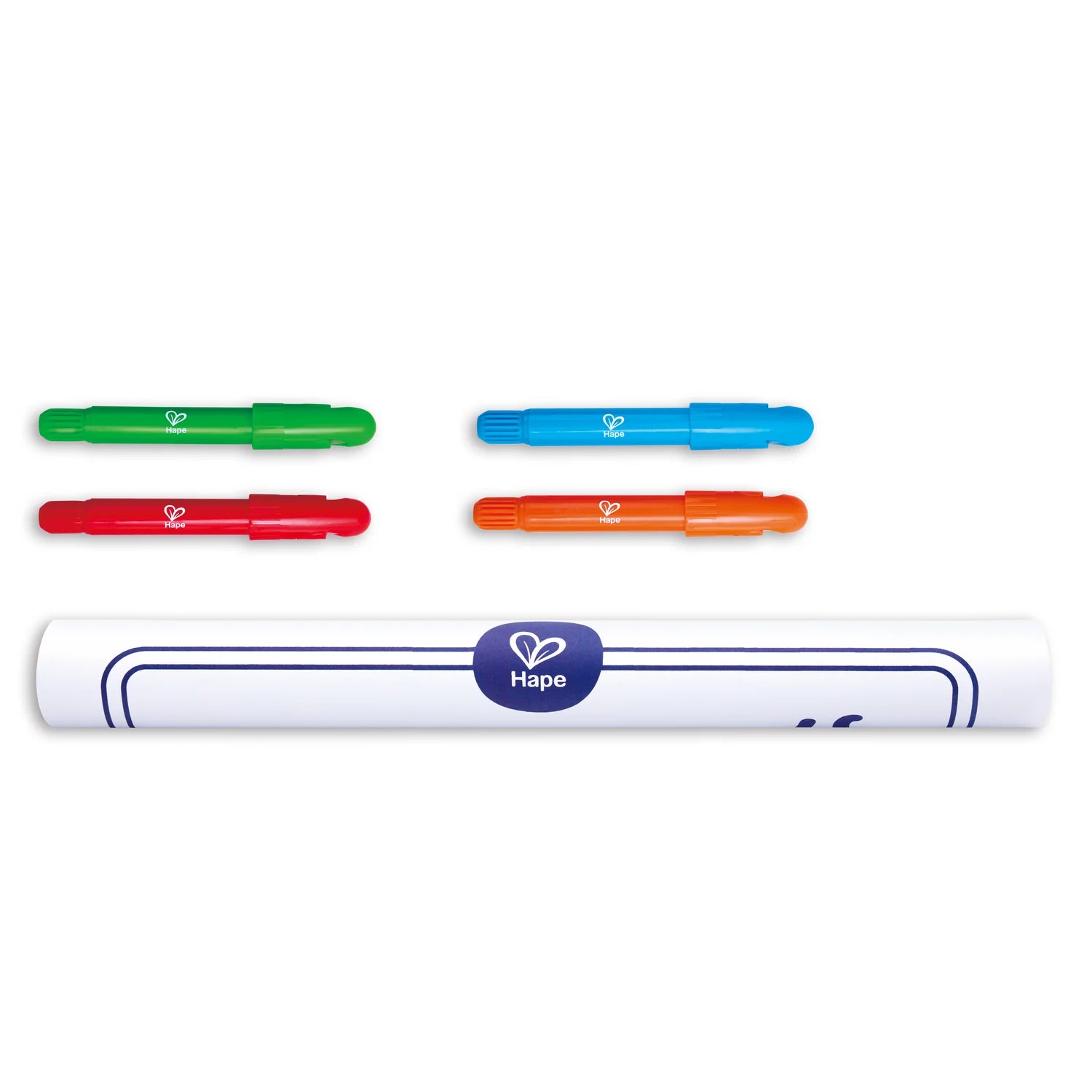 Set of colorful markers with a white holder featuring the Hape logo on a white background