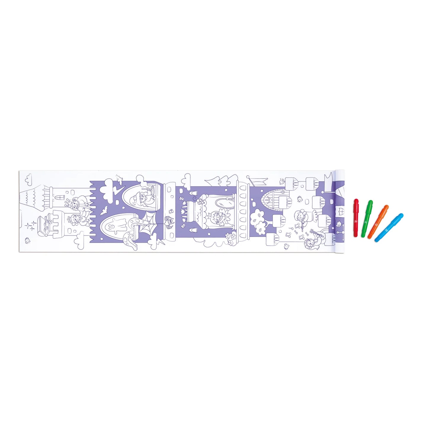 Coloring book page with cartoon characters and four colored markers on a white background