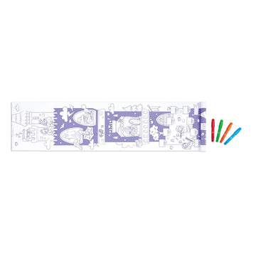 Coloring book page with cartoon characters and four colored markers on a white background