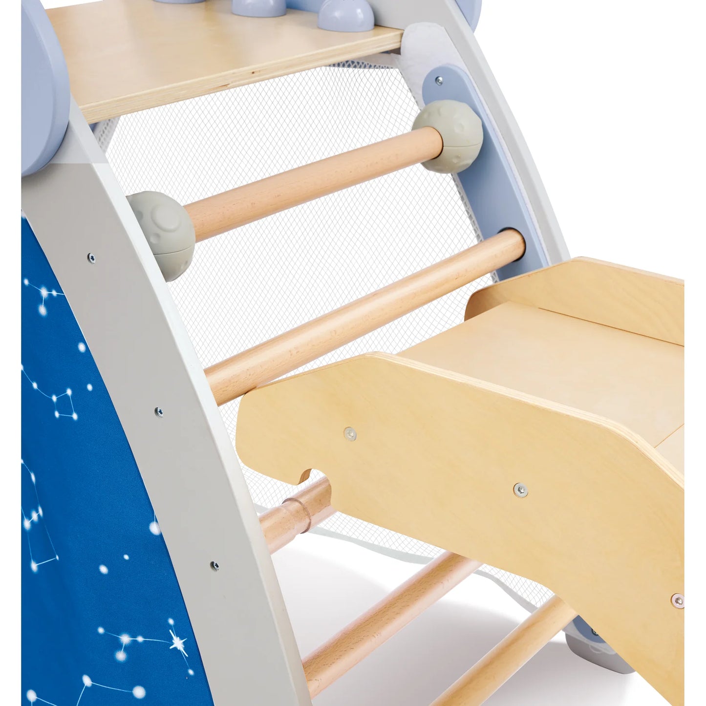Children's wooden climbing frame with blue star-patterned panel