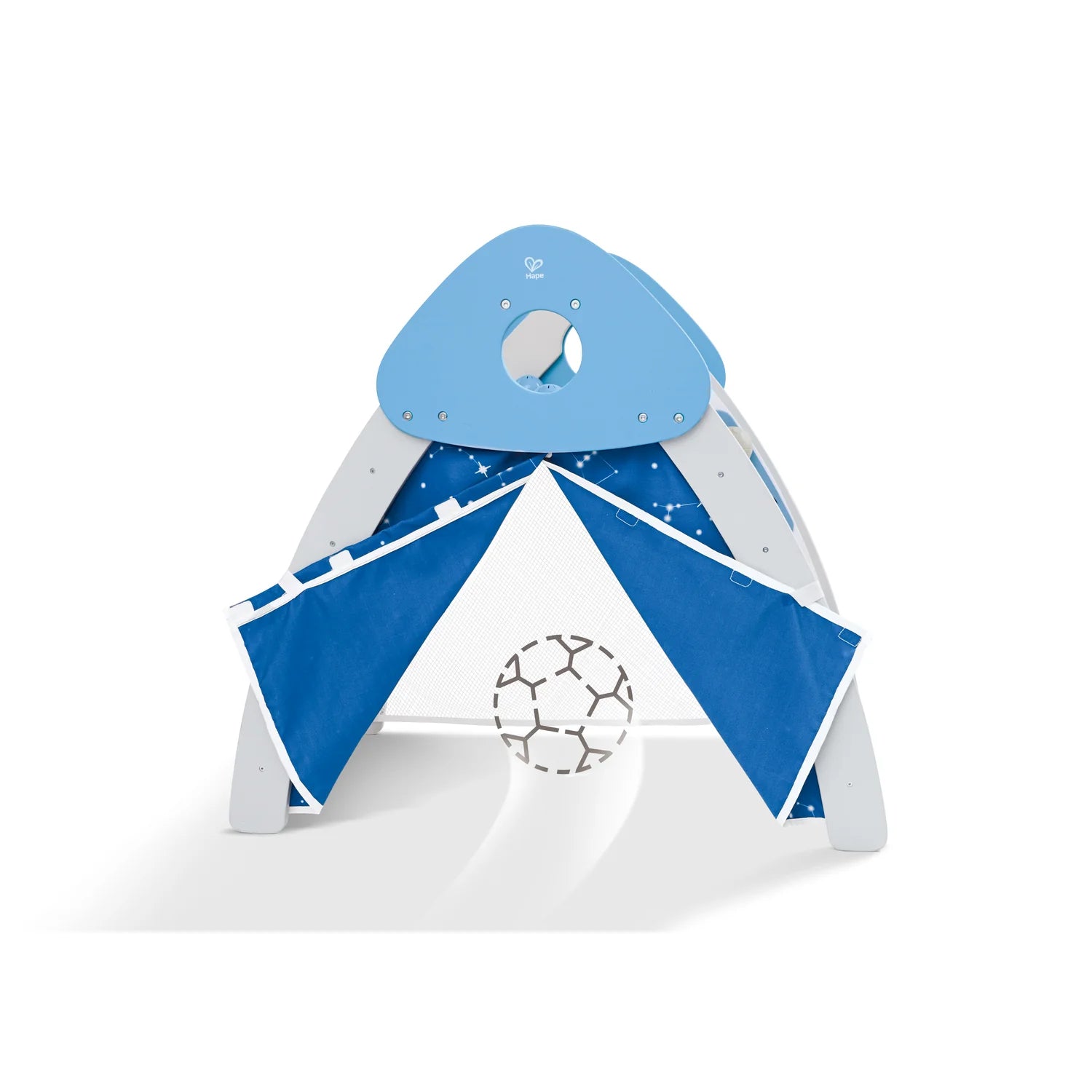 Blue and white children's play tent on a white background