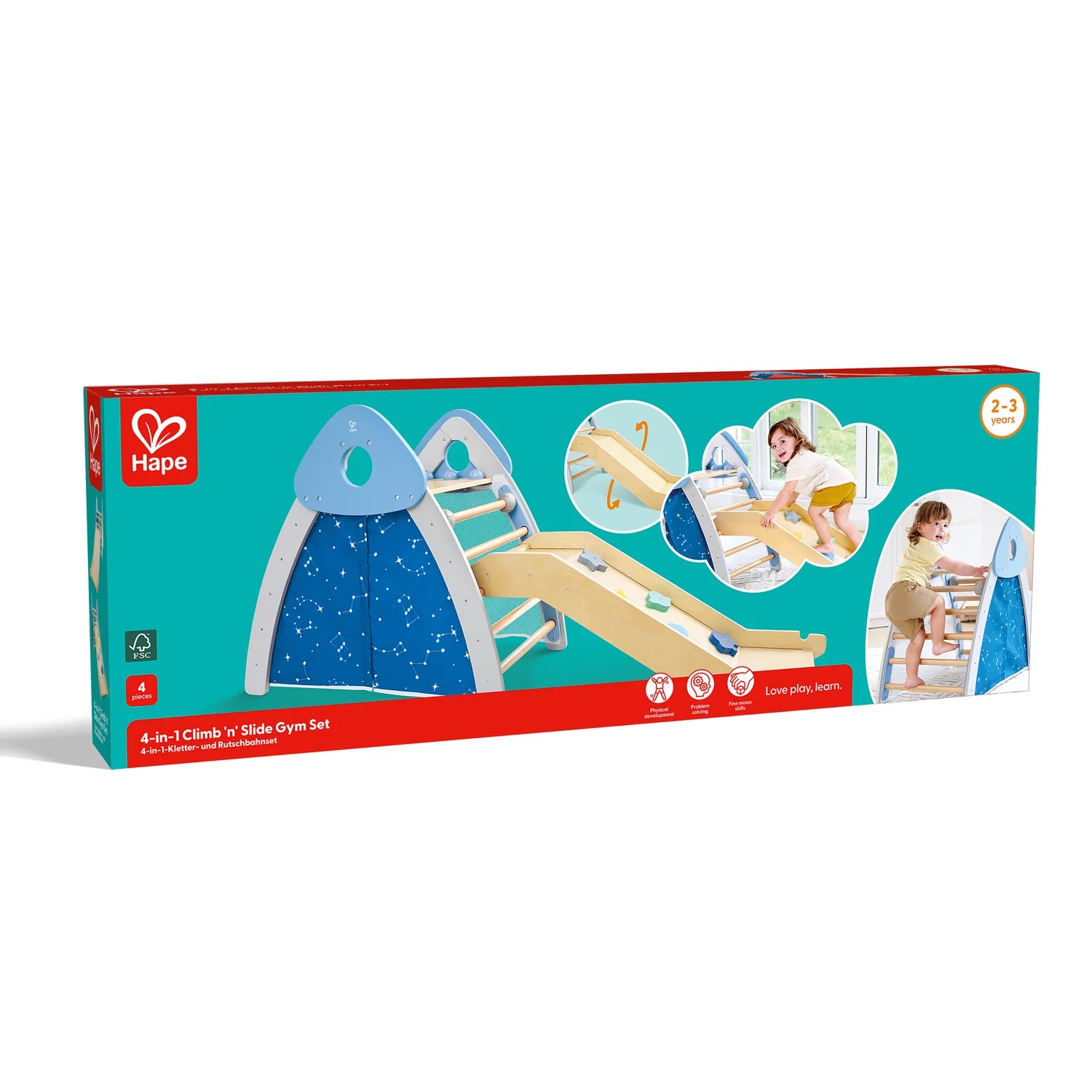 Hape 4-in-1 Climb 'N Slide Gym Set packaging on a white background