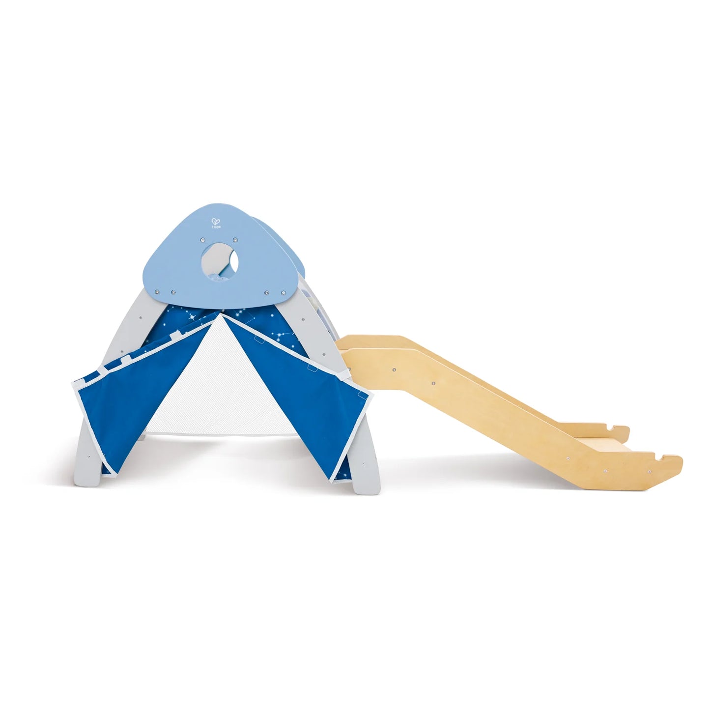 Children's play set with blue climbing structure and wooden slide on a white background