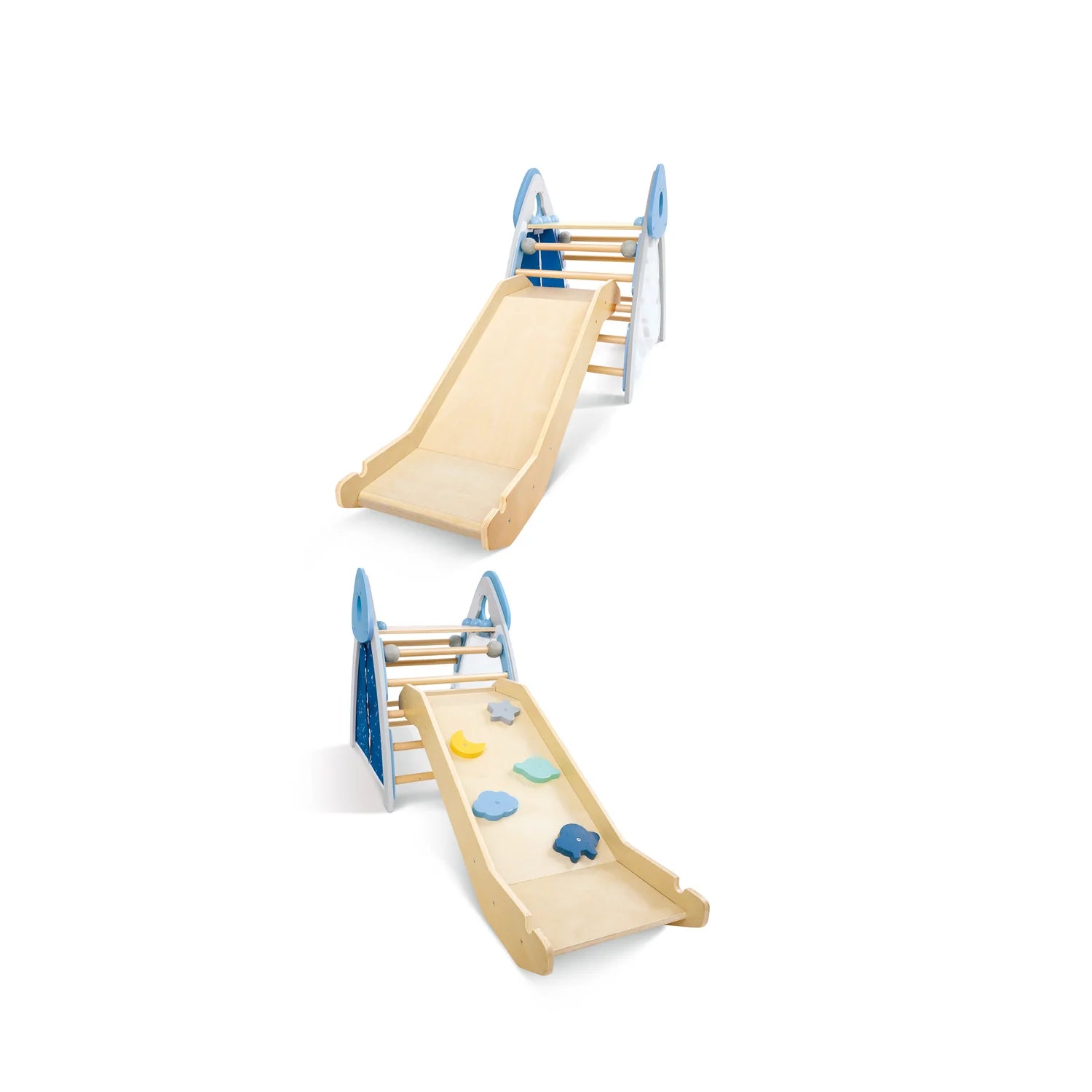 Two wooden slides with blue accents on a white background