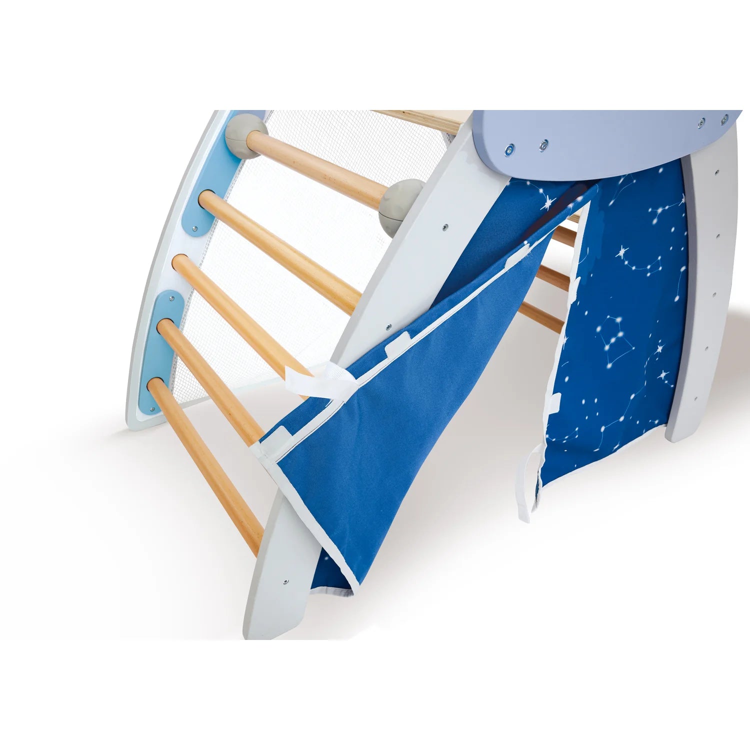 Children's wooden slide with blue fabric and star pattern on a white background