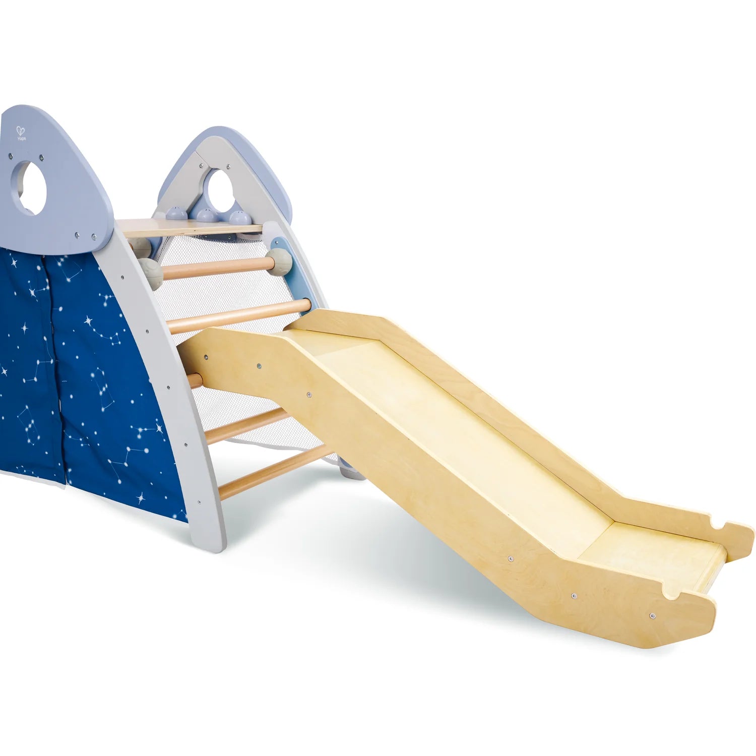 Children's play structure with blue climbing wall and wooden slide on a white background