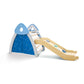 Children's playground slide with blue triangular roof and wooden slide on a white background