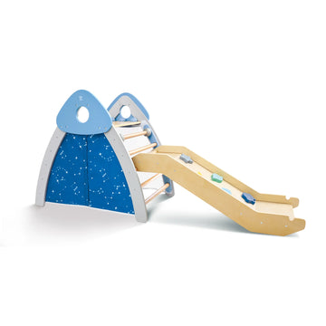 Children's playground slide with blue triangular roof and wooden slide on a white background