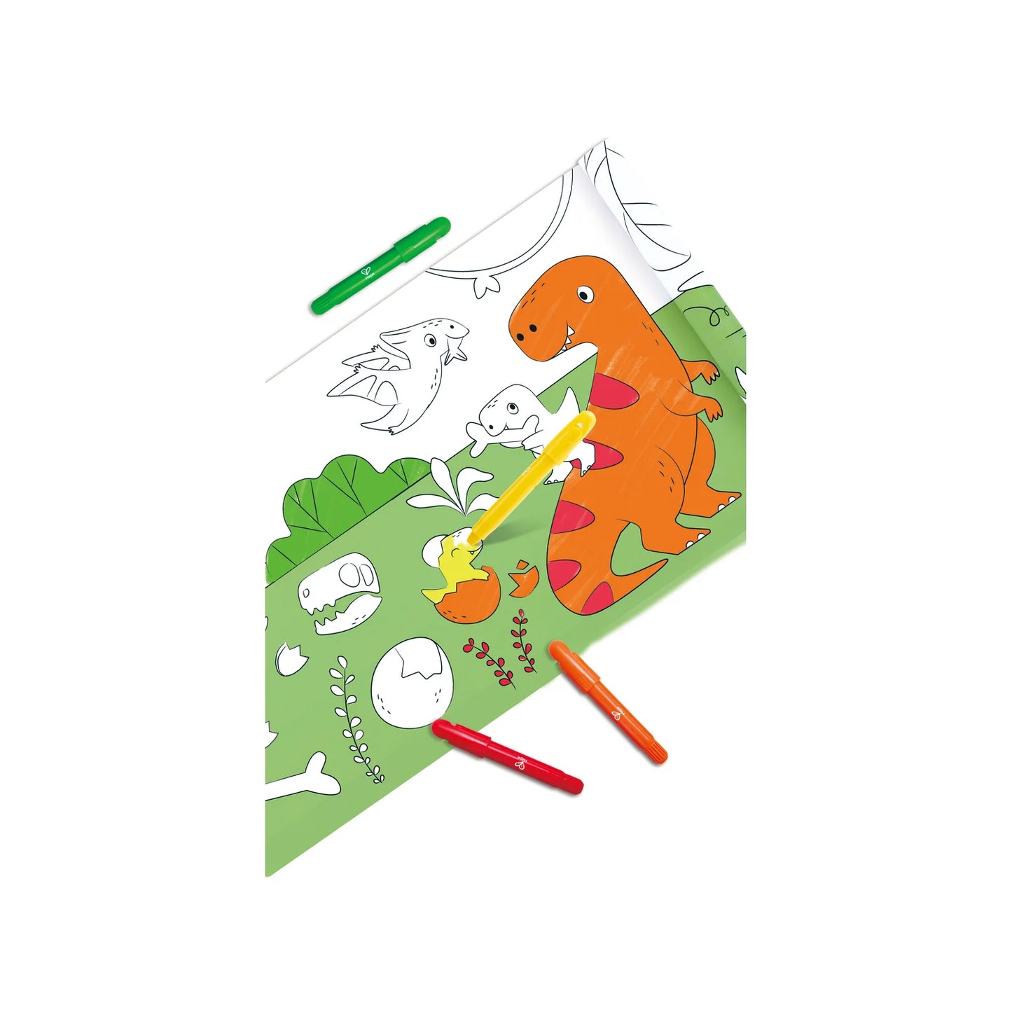 Coloring book with dinosaur illustrations and markers on a white background