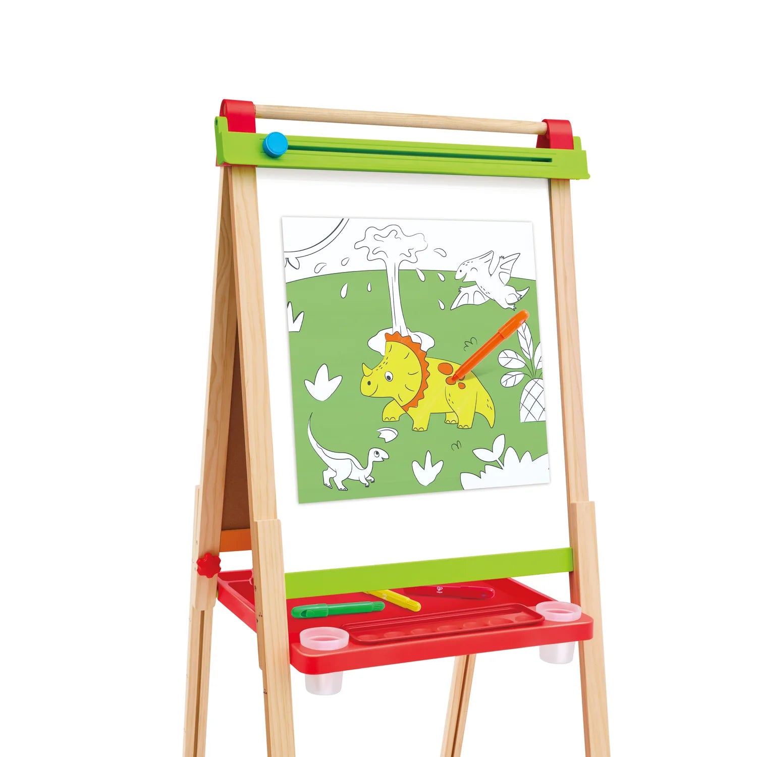 Children's art easel with dinosaur drawing on a white background