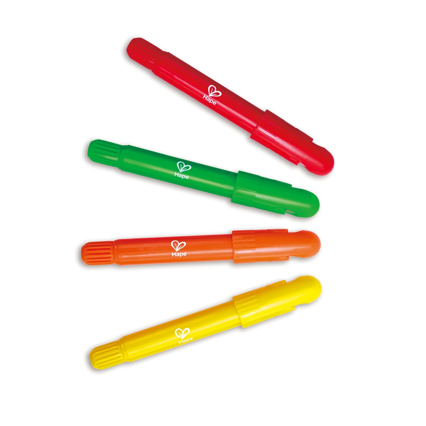 Four colorful markers (red, green, orange, yellow) on a white background