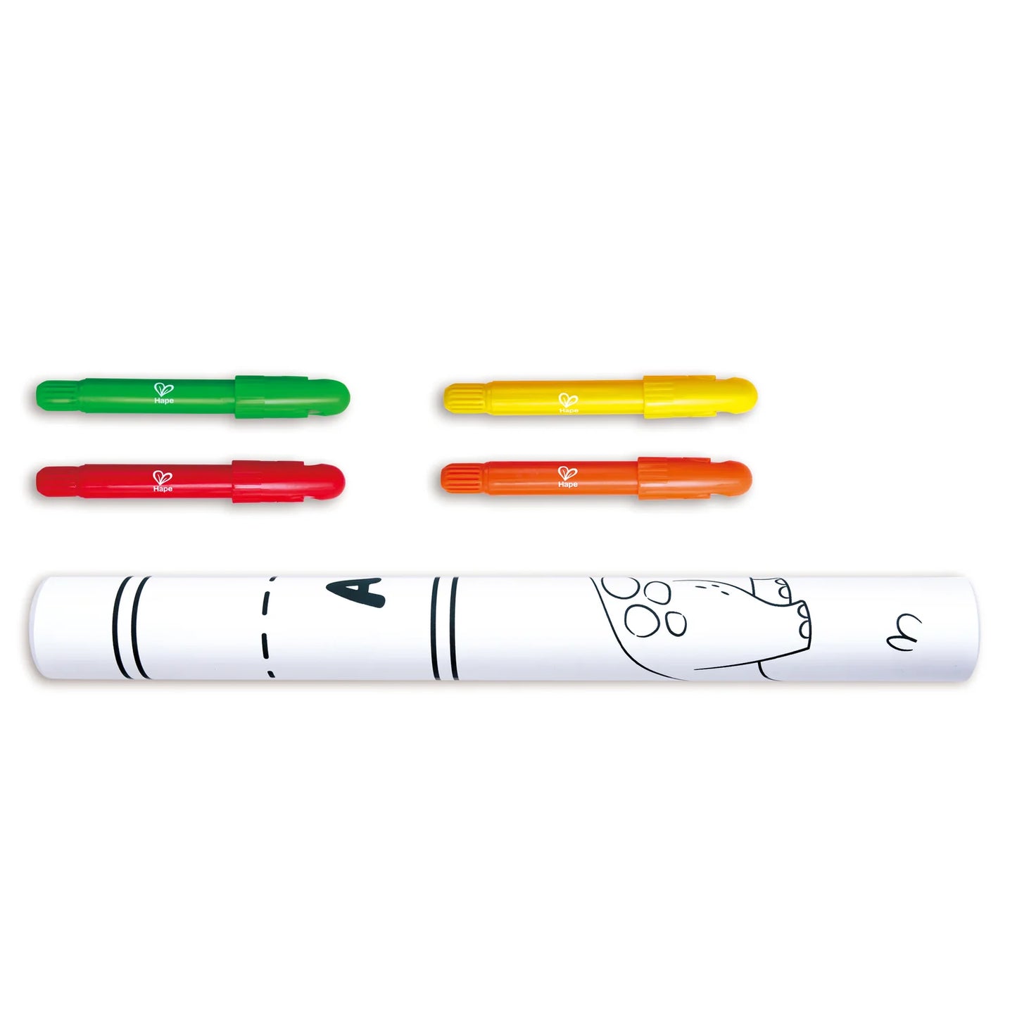 White marker with cartoon design and four colored markers on a white background