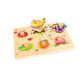 Wooden puzzle with colorful fruit pieces on a white background