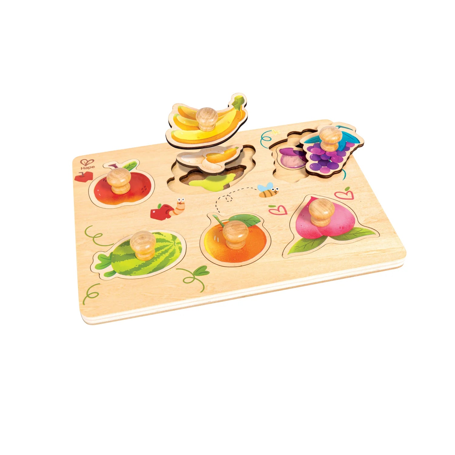 Wooden puzzle with colorful fruit pieces on a white background