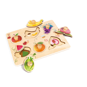 Wooden puzzle with colorful shapes and cutouts on a white background
