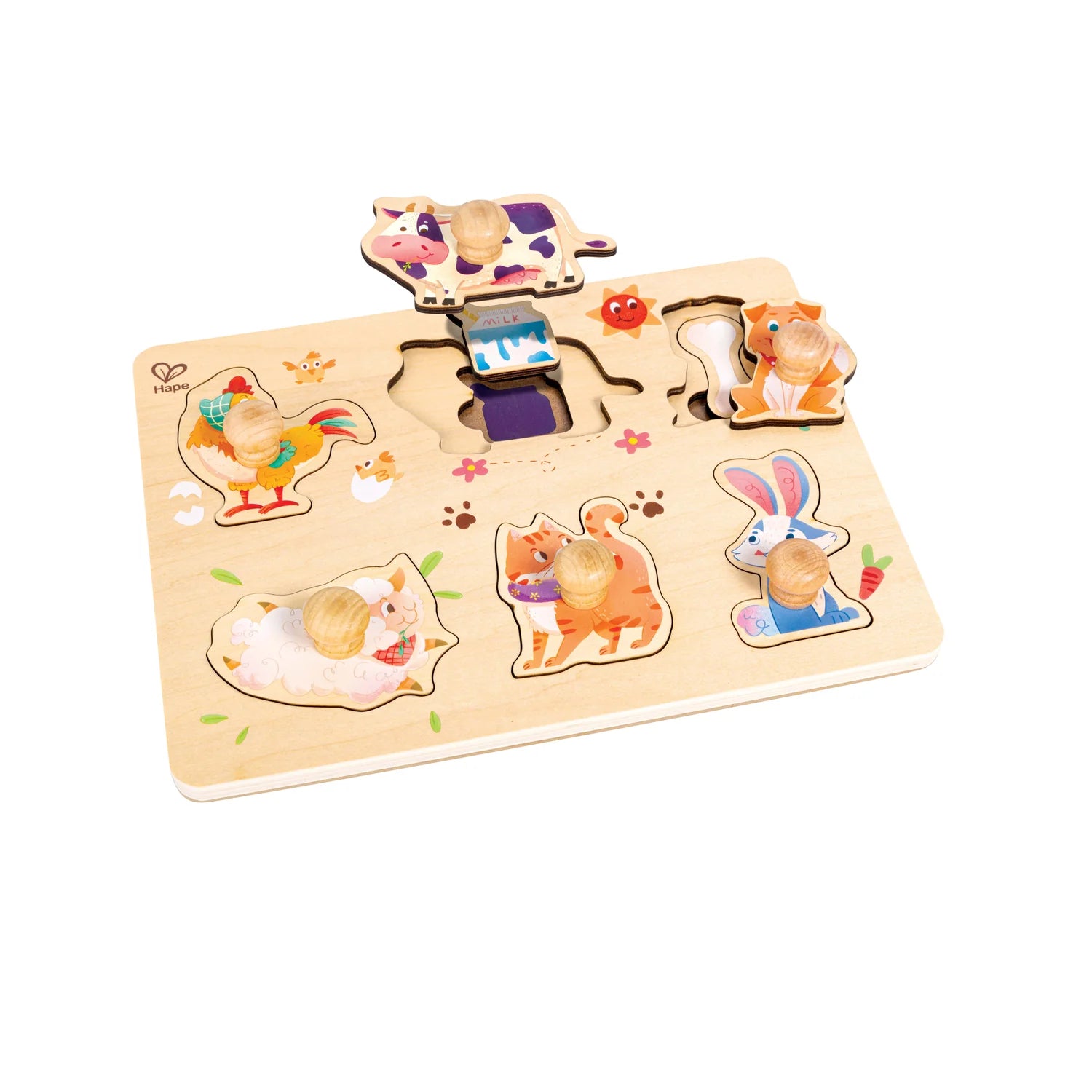 Wooden puzzle with animal figures on a white background
