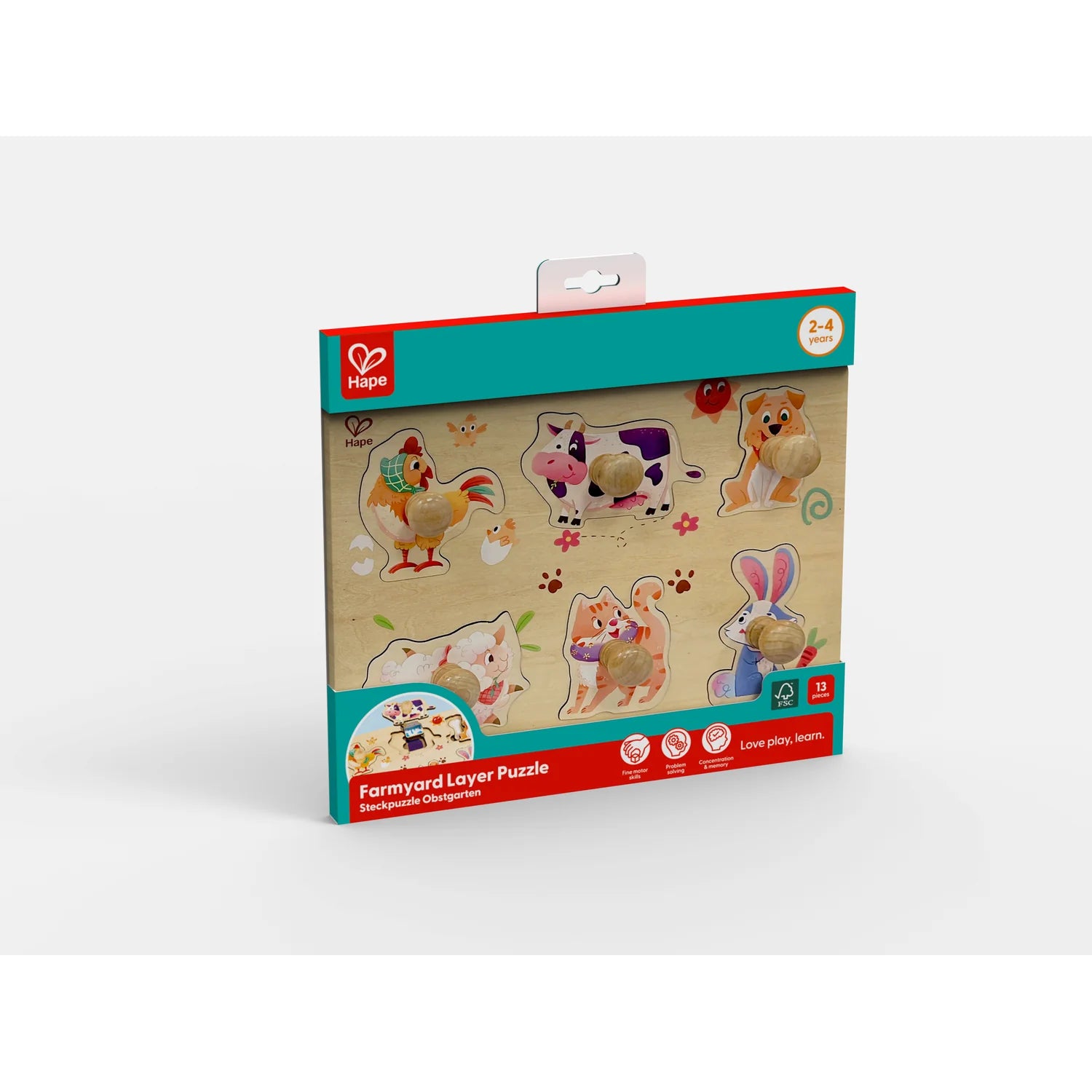 Hape Farmyard Layer Puzzle packaging on a white background