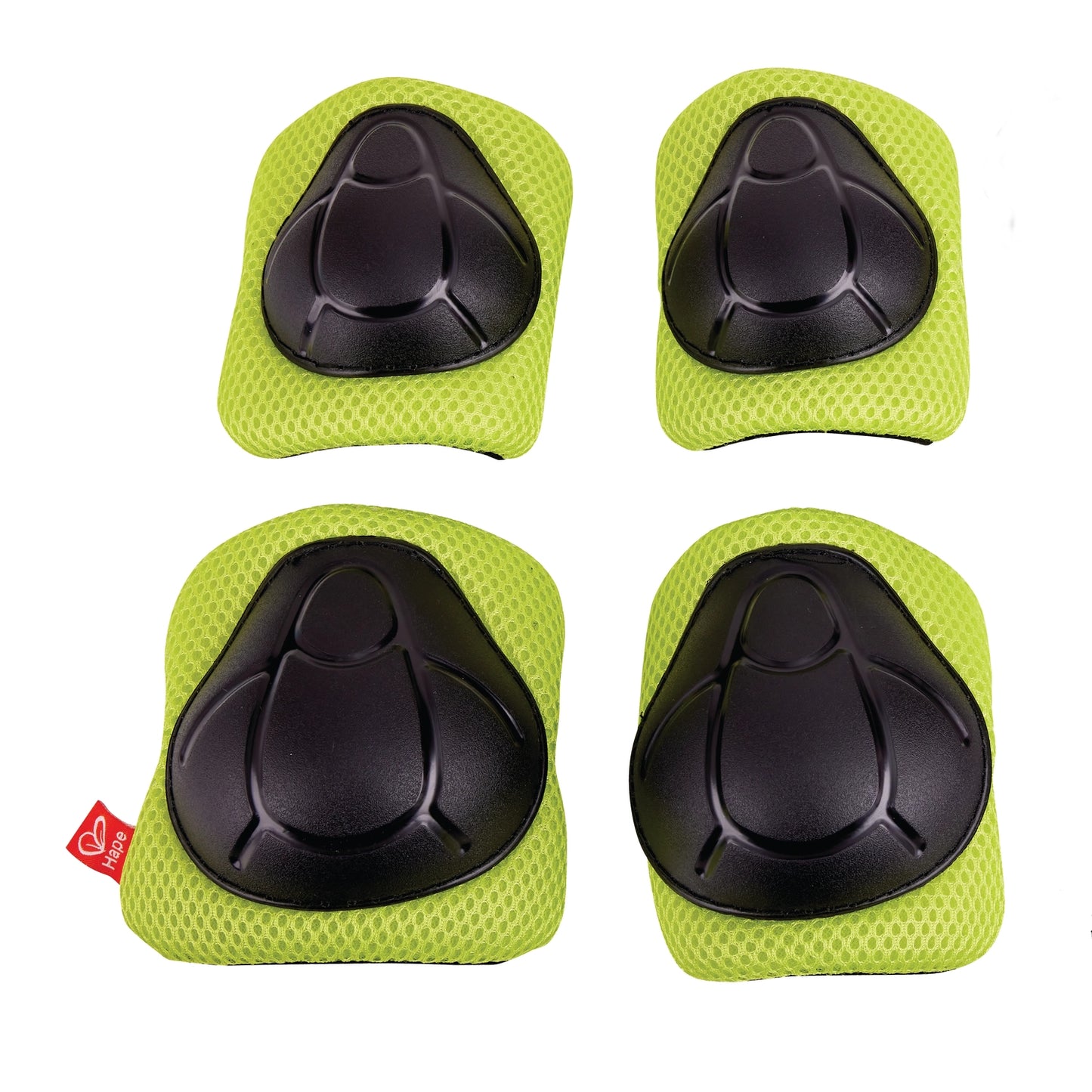 A set of red knee and elbow pads with black accents designed for children's outdoor play.