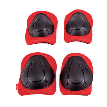 A set of red knee and elbow pads with black accents designed for children's outdoor play.