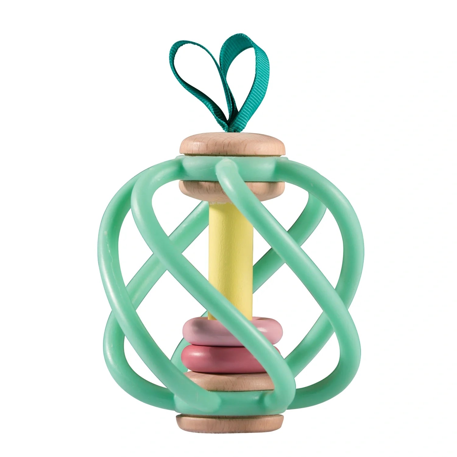 A colorful baby toy resembling an apple with sliding rings and twisty bars, primarily in green and yellow, with a blue ribbon loop at the top for attachment.