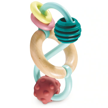 A colorful wooden teething toy with an infinity symbol shape, featuring a smooth wood track, embossed beads, and rubbery discs.