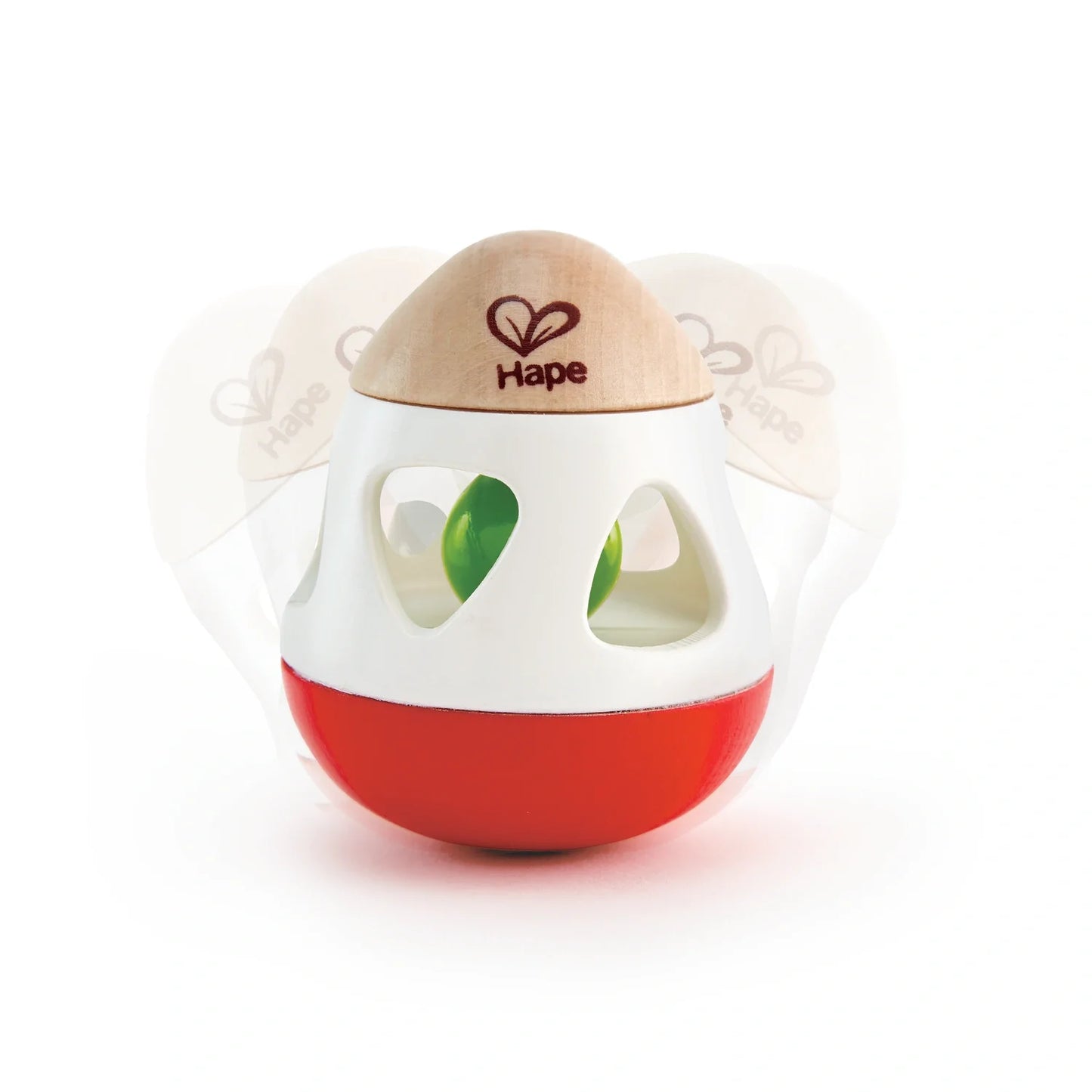 A red and white bell rattle with side cut-outs and a wooden ring on top, designed for babies.