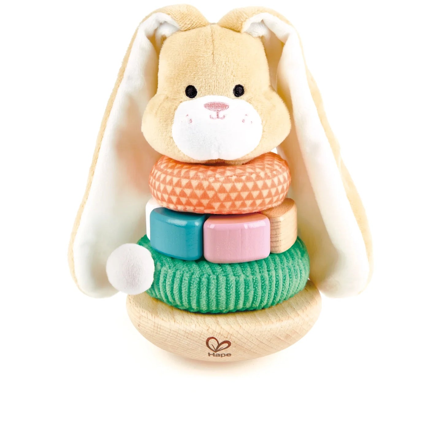 A beige wooden stacking toy shaped like a rabbit with colorful stackable rings on its body and a pull-string tail.