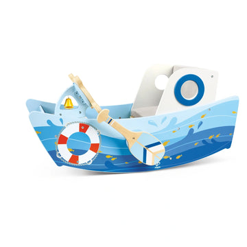 A colorful wooden rocking boat toy with oars and a steering wheel, featuring blue graphics and a cushioned seat.