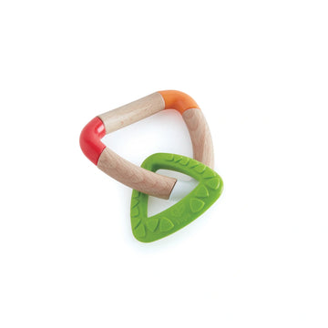 A teether toy consisting of a wooden handle and rotating BPA-free silicone triangles in green and red.
