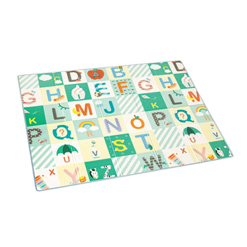 A foldable alphabet play mat with colorful letters and illustrations designed for babies and toddlers.