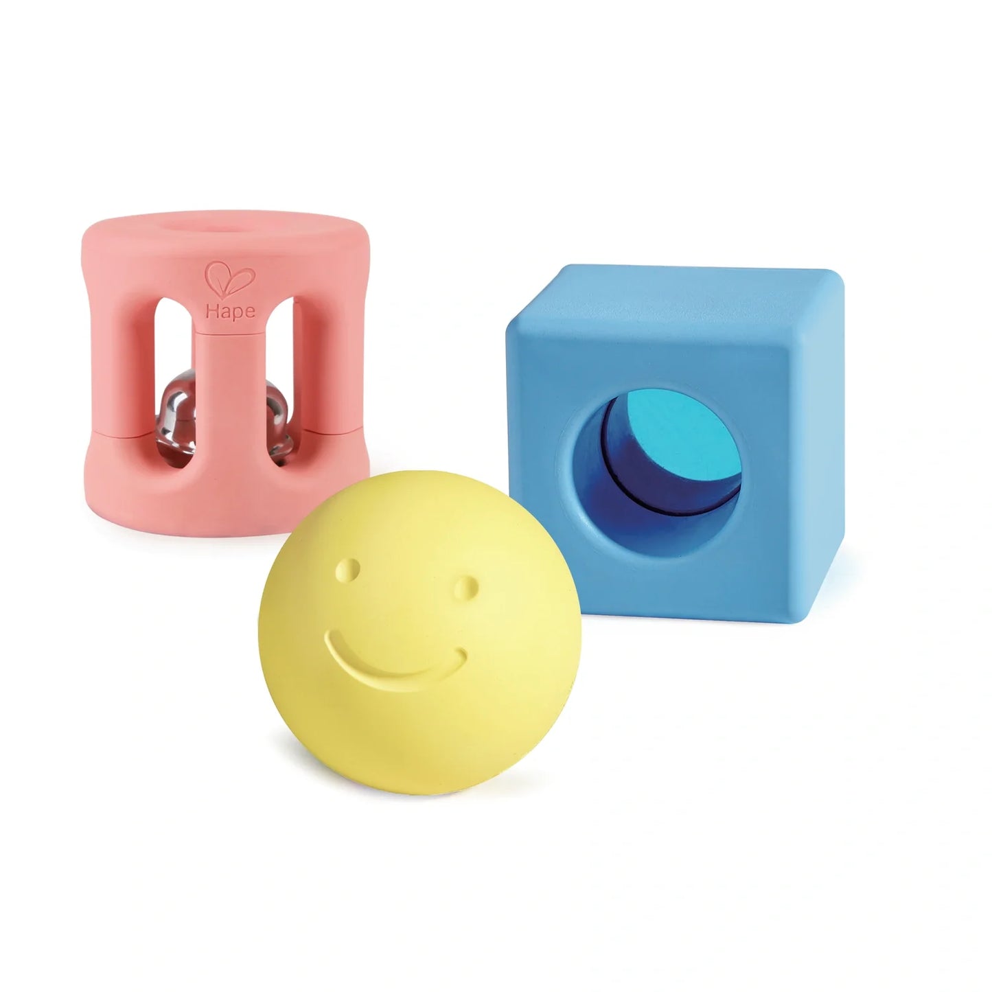 A set of three colorful geometric rattles in pink, blue, and yellow designed for babies.