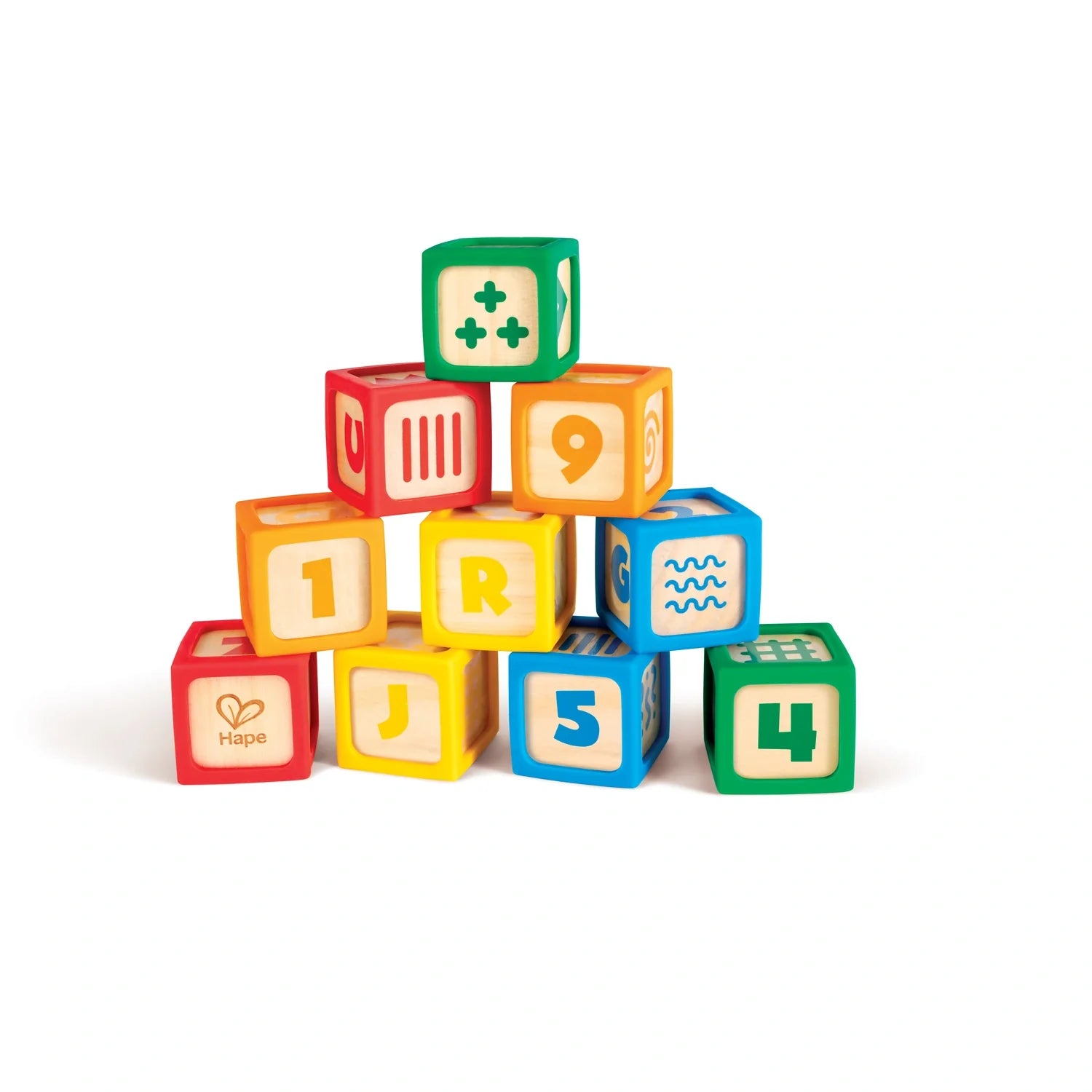 A colorful set of wooden building blocks with numbers and patterns on them, stacked in a pyramid shape.