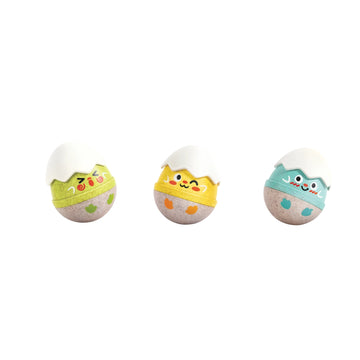 Three colorful wobble rattles with cute facial expressions designed for babies.