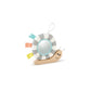 A colorful hanging baby toy in the shape of a snail with a wooden body, fabric house, and various attachments including a mirror and a rattling flower.