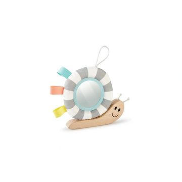 A colorful hanging baby toy in the shape of a snail with a wooden body, fabric house, and various attachments including a mirror and a rattling flower.