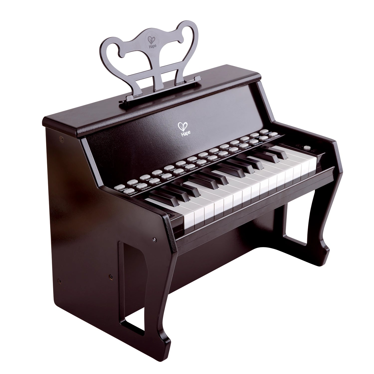 25-key electric piano with light-up keys, in black color, designed for children.