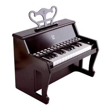 25-key electric piano with light-up keys, in black color, designed for children.