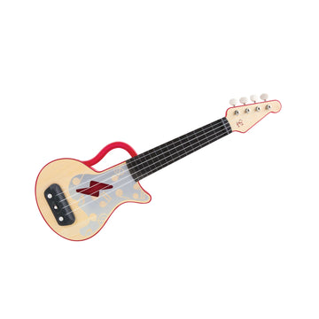 Children's electronic ukulele with red and white color scheme, featuring guiding lights on the fretboard and a handle at the bottom.