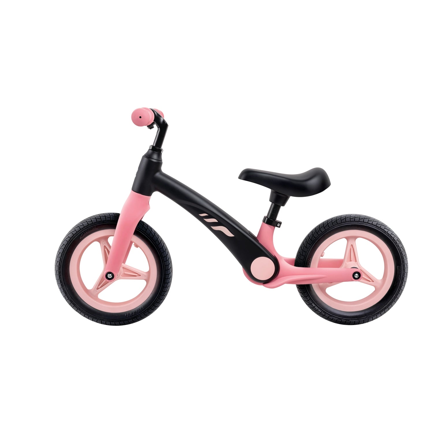 A red and black balance bike with adjustable handlebars and a saddle, suitable for young children.
