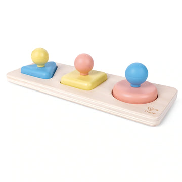 A Montessori mirror shape puzzle with colorful geometric shapes on a wooden base, designed for young children.