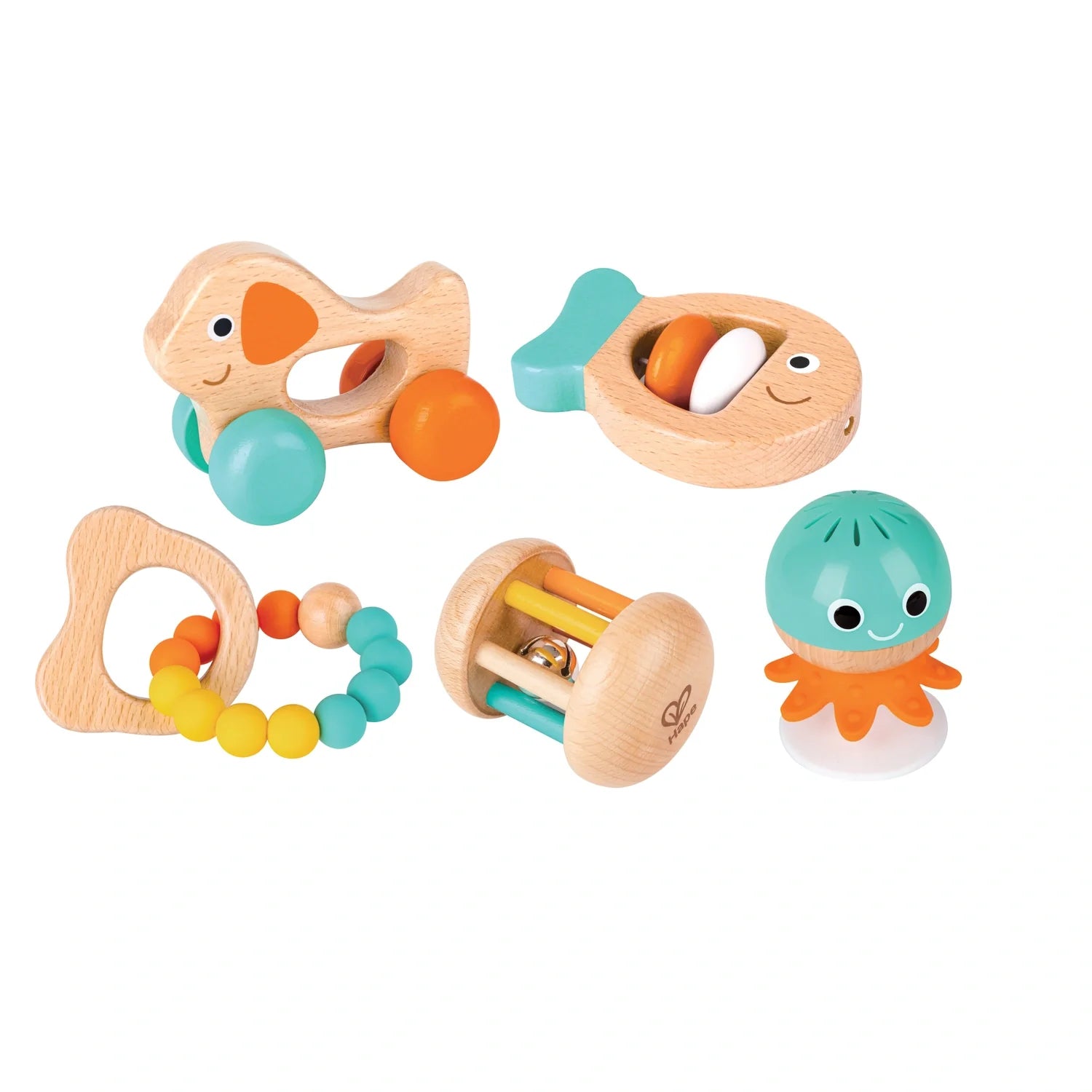 A set of colorful wooden baby toys including rattles and a teether, designed in animal and geometric shapes, primarily in blue, orange, and green.