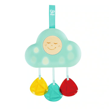 A blue musical cloud light crib mobile with colorful raindrop-shaped pendants hanging from it.
