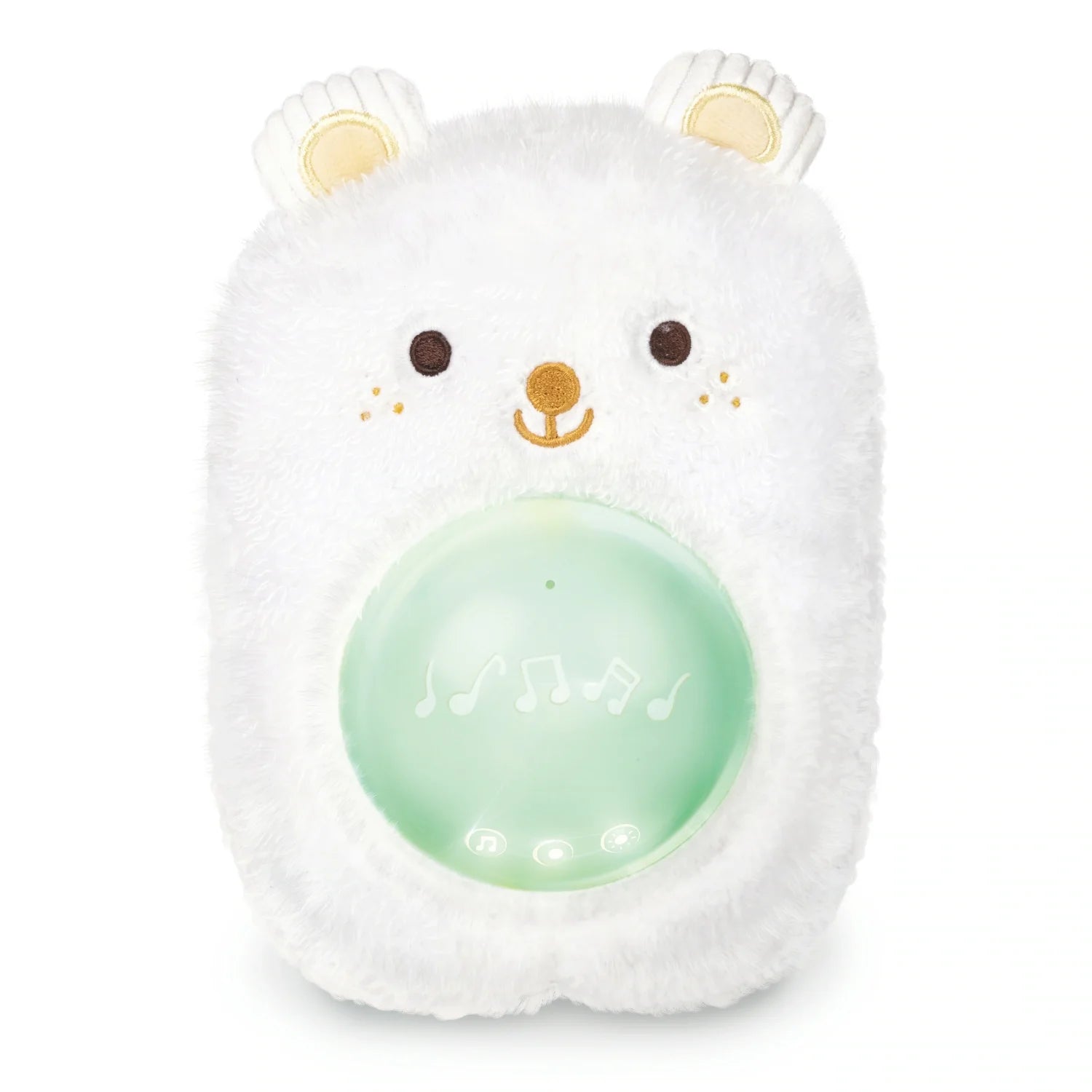 A plush white bear-shaped baby sound machine with a soft green night light in the center, featuring buttons on the front and a cute face with brown eyes and a smile.