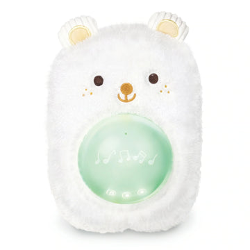 A plush white bear-shaped baby sound machine with a soft green night light in the center, featuring buttons on the front and a cute face with brown eyes and a smile.