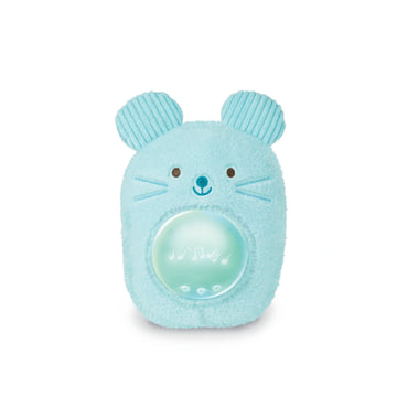 A plush blue baby sound machine designed to look like a mouse, with a soft light in the center.