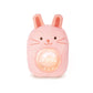 A plush pink bunny rabbit baby sound machine with buttons on its belly and a soft light.