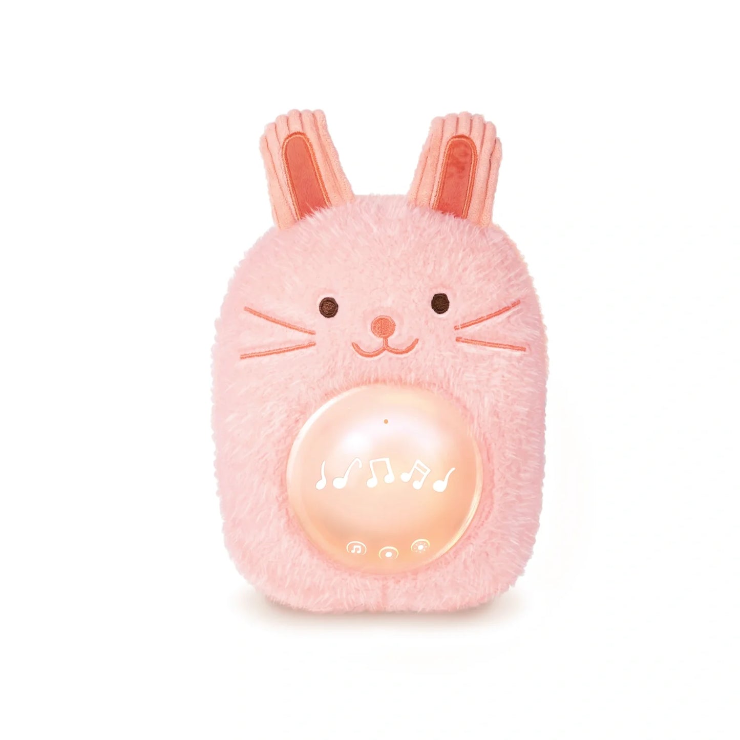 A plush pink bunny rabbit baby sound machine with buttons on its belly and a soft light.