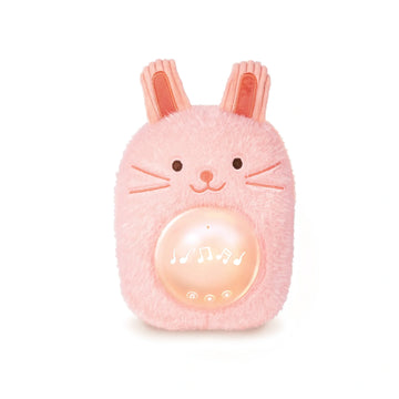 A plush pink bunny rabbit baby sound machine with buttons on its belly and a soft light.