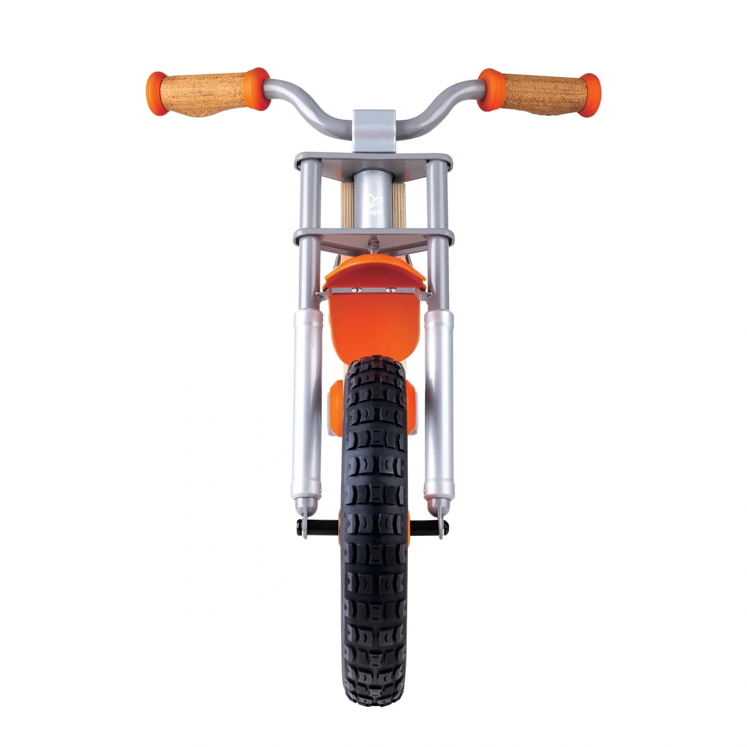 An orange and black Hape Off Road Balance Bike with solid rubber tires and a soft seat for young children.